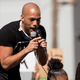 Kendrick Sampson speaks during the YG x BLMLA x BLDPWR protest and march June 07, 2020, in Los Angeles, California.
